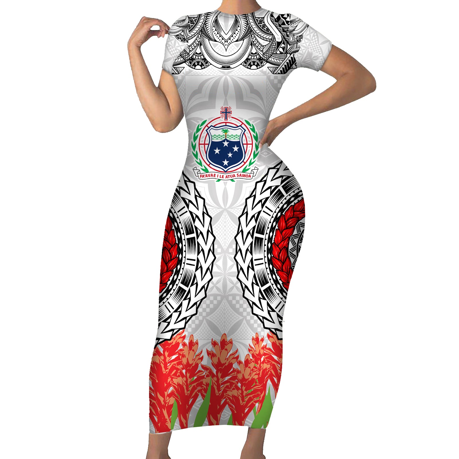 Samoa Siapo Ula Fala Short Sleeve Bodycon Dress With Ginger Plant White Color LT03 Long Dress White - Polynesian Pride