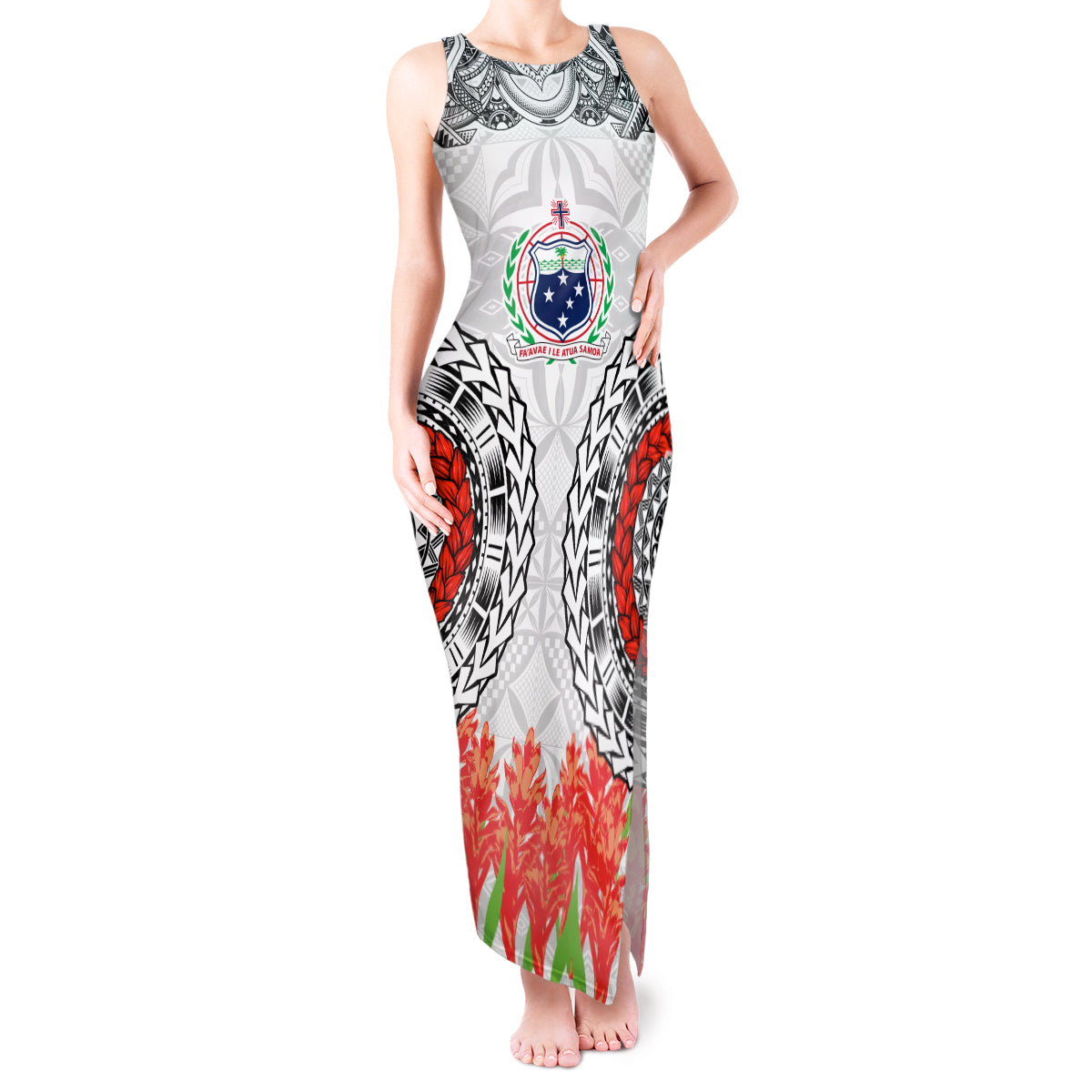 Samoa Siapo Ula Fala Tank Maxi Dress With Ginger Plant White Color LT03 Women White - Polynesian Pride