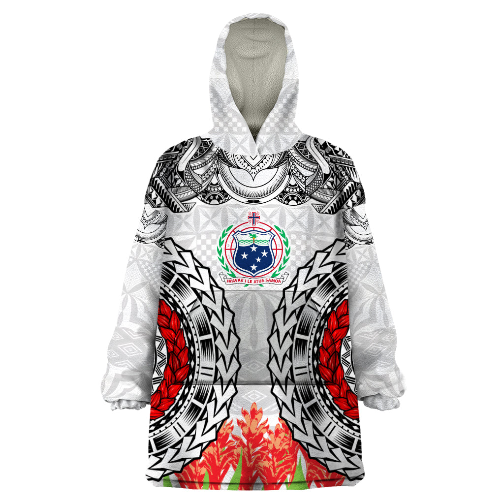 Samoa Siapo Ula Fala Wearable Blanket Hoodie With Ginger Plant White Color LT03 One Size White - Polynesian Pride