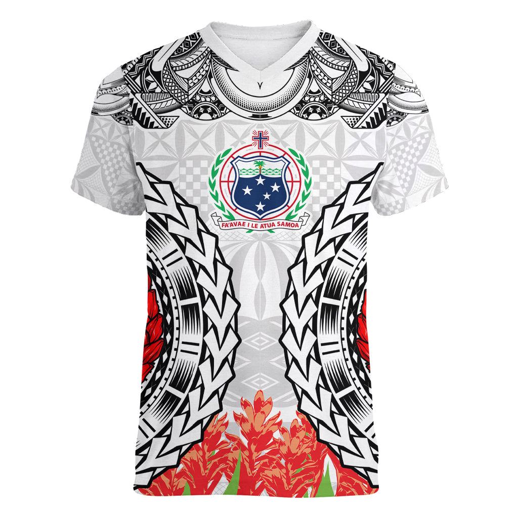 Samoa Siapo Ula Fala Women V Neck T Shirt With Ginger Plant White Color LT03 Female White - Polynesian Pride