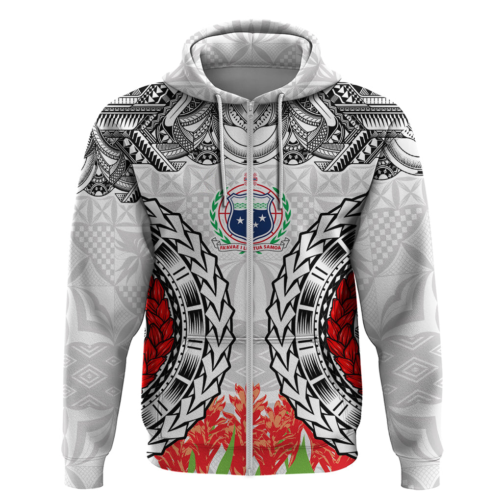 Samoa Siapo Ula Fala Zip Hoodie With Ginger Plant White Color LT03 Zip Hoodie White - Polynesian Pride