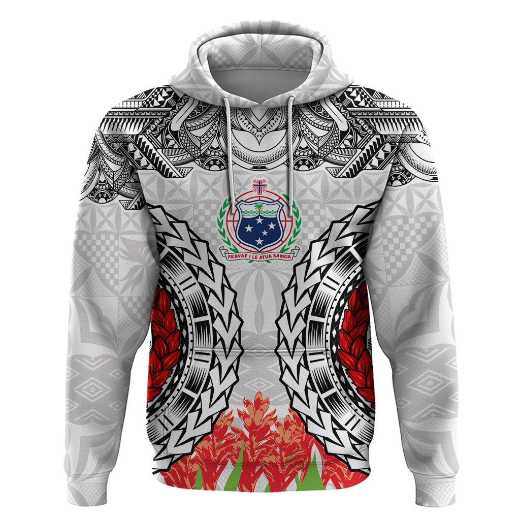 Samoa Siapo Ula Fala Zip Hoodie With Ginger Plant White Color LT03 Pullover Hoodie White - Polynesian Pride