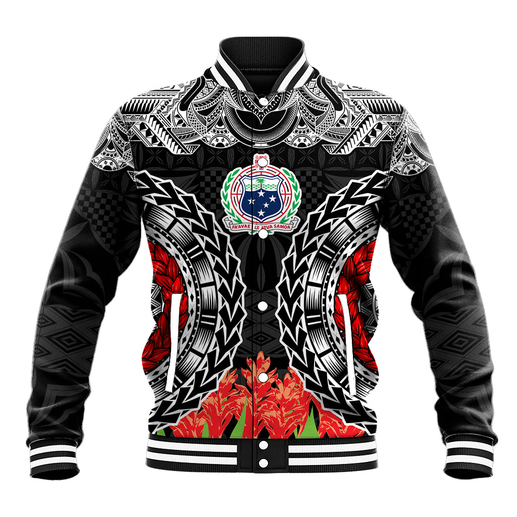 Samoa Siapo Ula Fala Baseball Jacket With Ginger Plant Black Color LT03 Unisex Black - Polynesian Pride