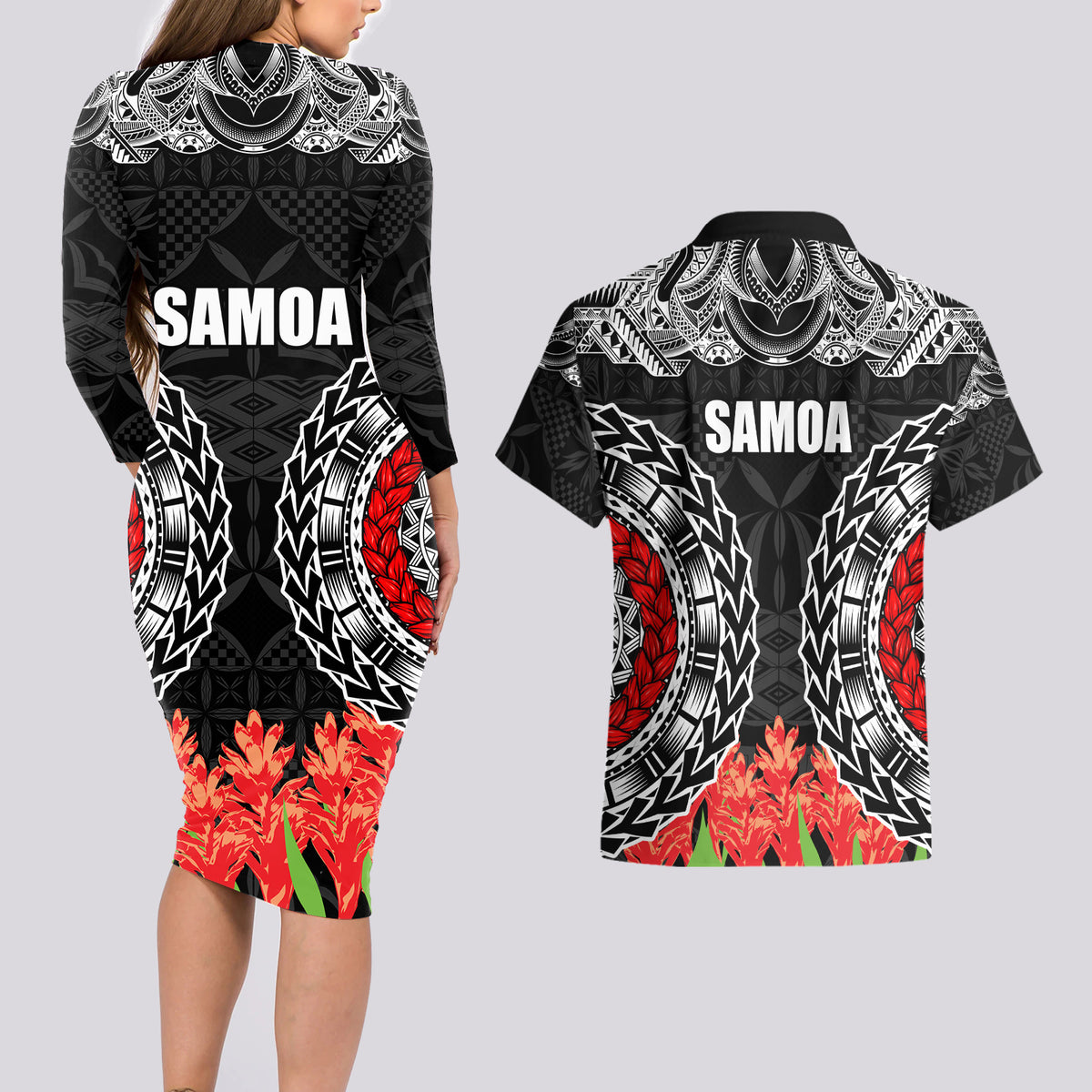 Samoa Siapo Ula Fala Couples Matching Long Sleeve Bodycon Dress and Hawaiian Shirt With Ginger Plant Black Color LT03 - Polynesian Pride