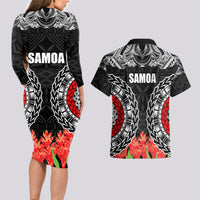 Samoa Siapo Ula Fala Couples Matching Long Sleeve Bodycon Dress and Hawaiian Shirt With Ginger Plant Black Color LT03 - Polynesian Pride