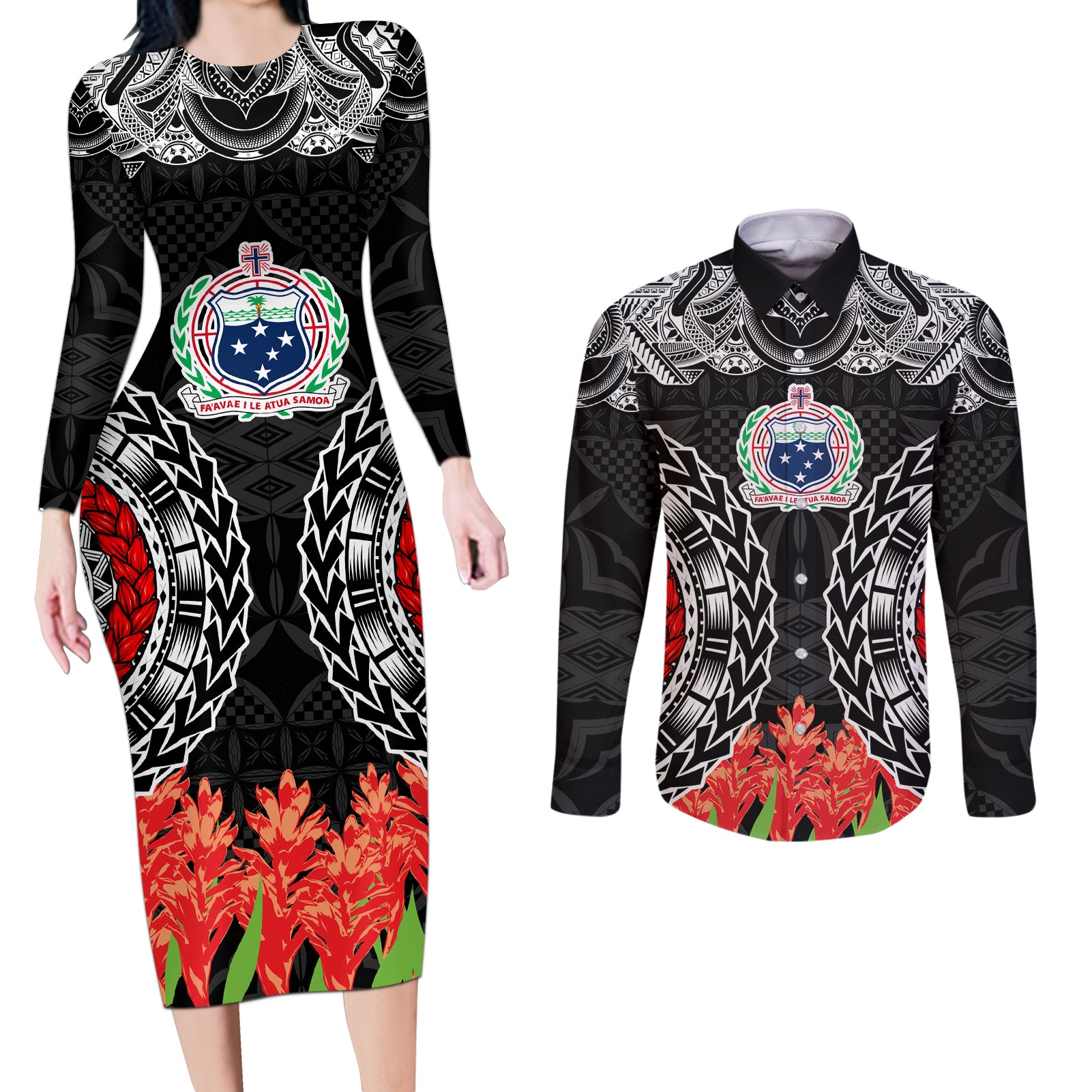 Samoa Siapo Ula Fala Couples Matching Long Sleeve Bodycon Dress and Long Sleeve Button Shirt With Ginger Plant Black Color LT03 Black - Polynesian Pride