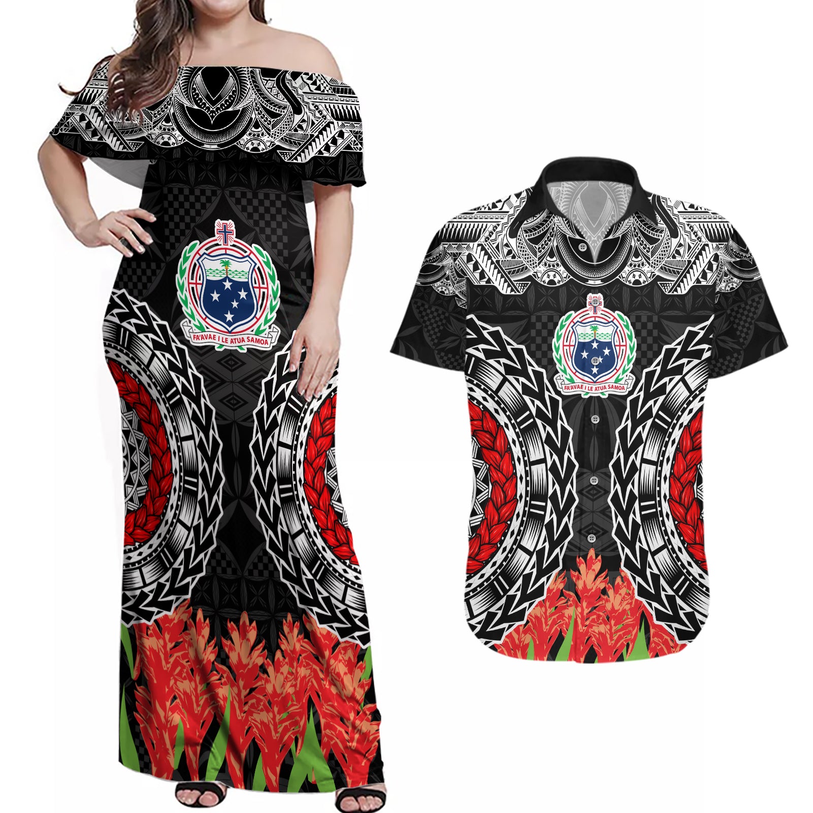 Samoa Siapo Ula Fala Couples Matching Off Shoulder Maxi Dress and Hawaiian Shirt With Ginger Plant Black Color LT03 Black - Polynesian Pride