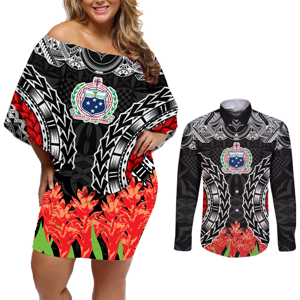 Samoa Siapo Ula Fala Couples Matching Off Shoulder Short Dress and Long Sleeve Button Shirt With Ginger Plant Black Color LT03 Black - Polynesian Pride