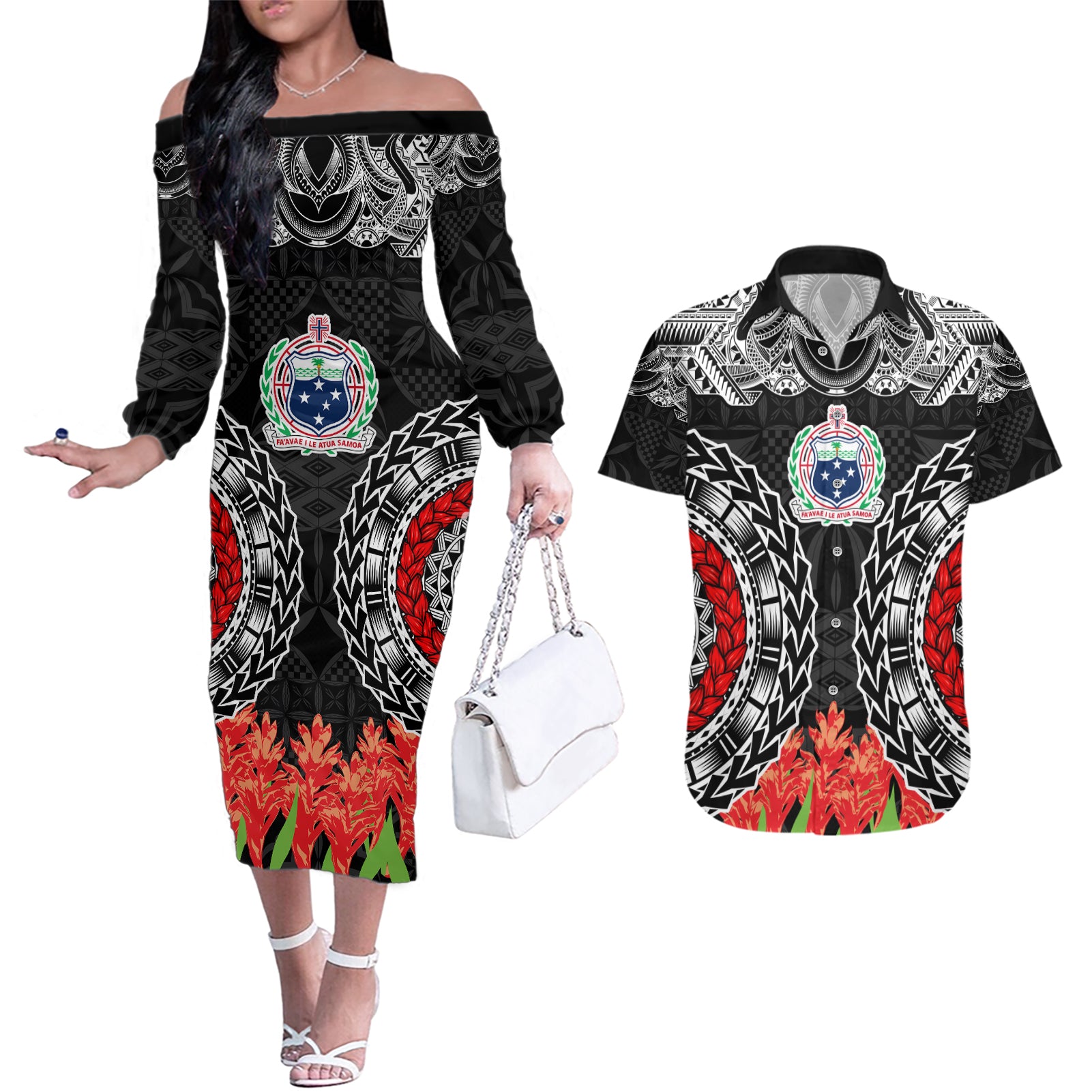 Samoa Siapo Ula Fala Couples Matching Off The Shoulder Long Sleeve Dress and Hawaiian Shirt With Ginger Plant Black Color LT03 Black - Polynesian Pride