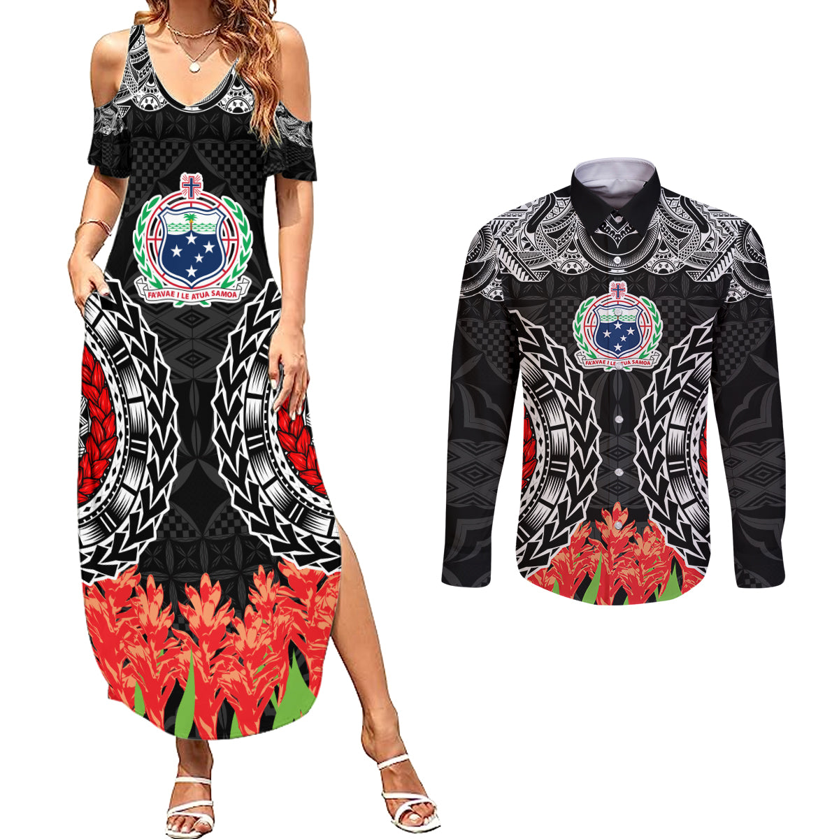 Samoa Siapo Ula Fala Couples Matching Summer Maxi Dress and Long Sleeve Button Shirt With Ginger Plant Black Color LT03 Black - Polynesian Pride