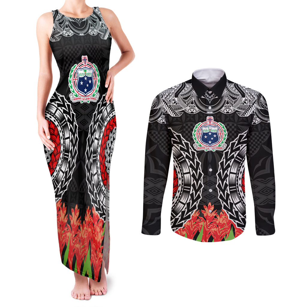 Samoa Siapo Ula Fala Couples Matching Tank Maxi Dress and Long Sleeve Button Shirt With Ginger Plant Black Color LT03 Black - Polynesian Pride