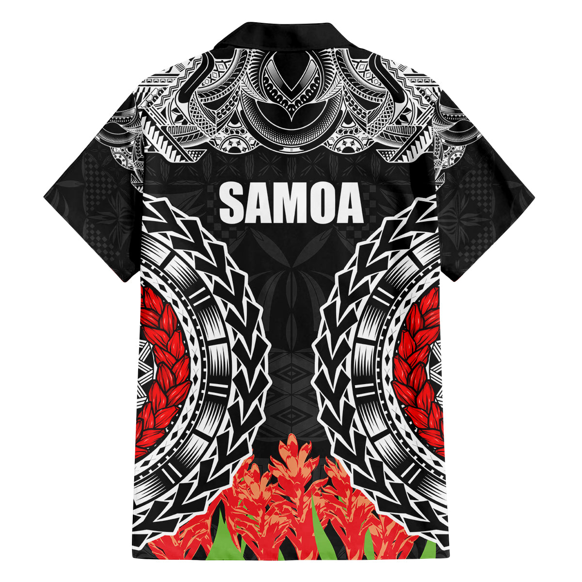 Samoa Siapo Ula Fala Family Matching Long Sleeve Bodycon Dress and Hawaiian Shirt With Ginger Plant Black Color LT03 - Polynesian Pride