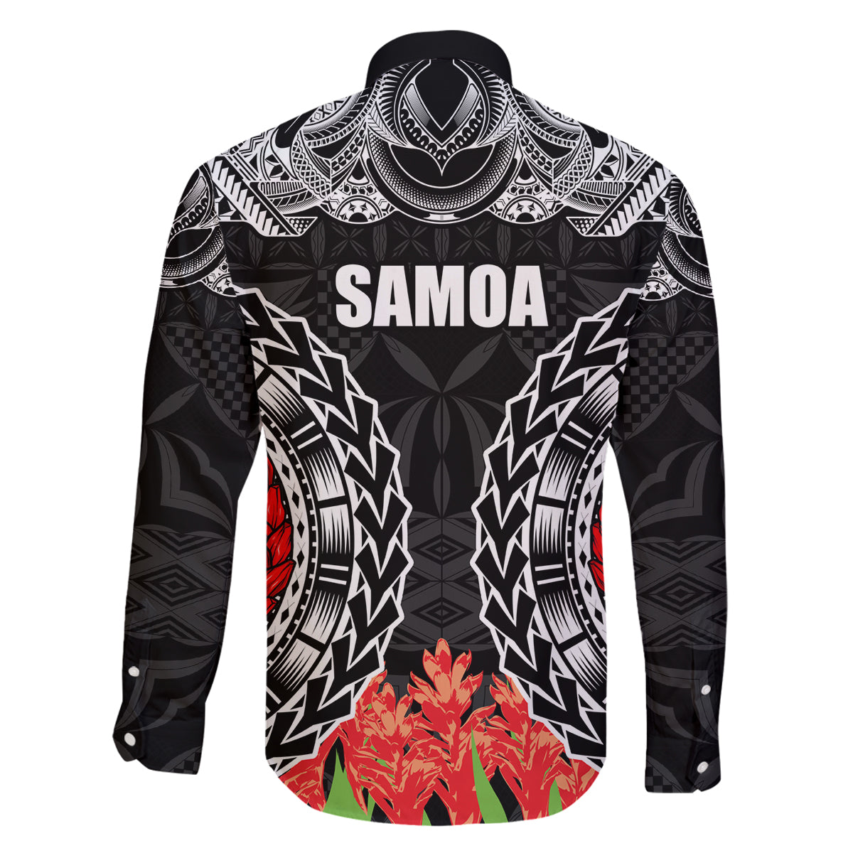 Samoa Siapo Ula Fala Family Matching Long Sleeve Bodycon Dress and Hawaiian Shirt With Ginger Plant Black Color LT03 - Polynesian Pride