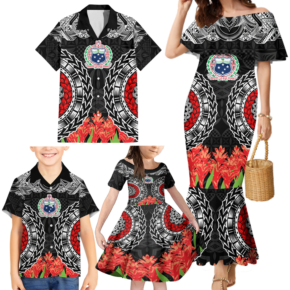 Samoa Siapo Ula Fala Family Matching Mermaid Dress and Hawaiian Shirt With Ginger Plant Black Color LT03 - Polynesian Pride