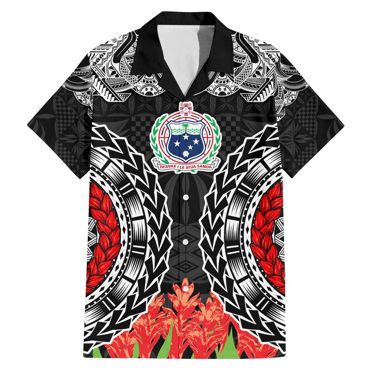 Samoa Siapo Ula Fala Family Matching Mermaid Dress and Hawaiian Shirt With Ginger Plant Black Color LT03 Dad's Shirt - Short Sleeve Black - Polynesian Pride