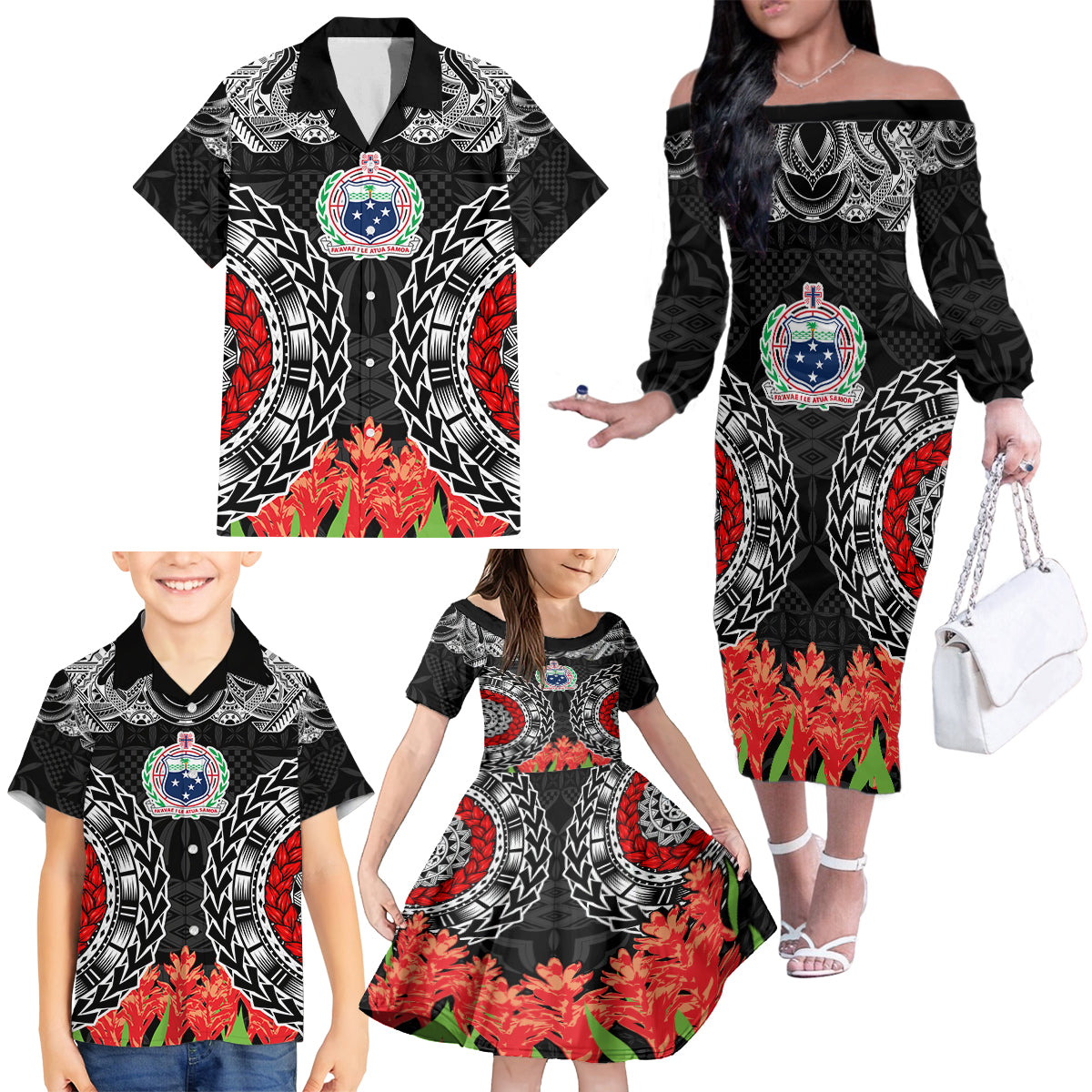 Samoa Siapo Ula Fala Family Matching Off Shoulder Long Sleeve Dress and Hawaiian Shirt With Ginger Plant Black Color LT03 - Polynesian Pride