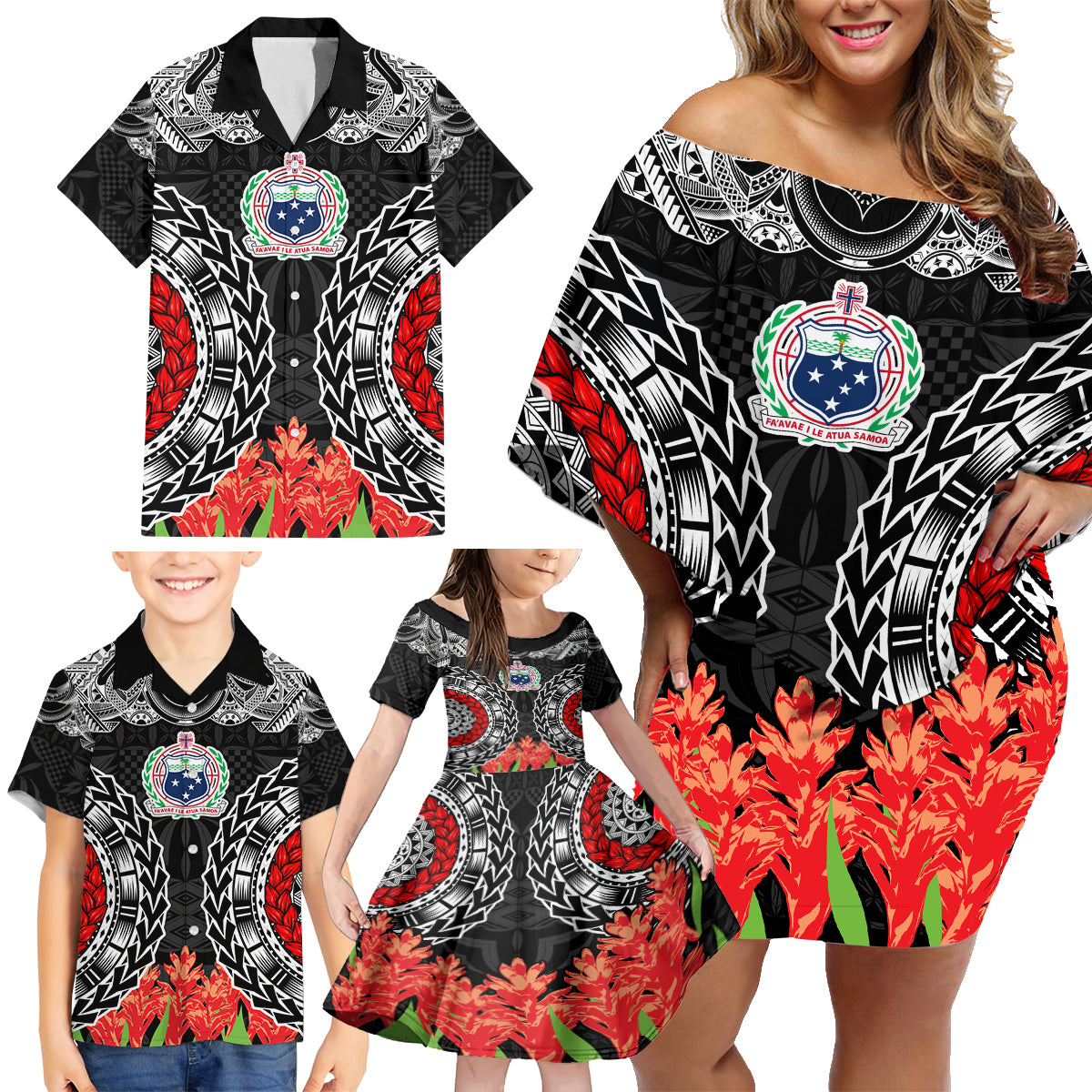 Samoa Siapo Ula Fala Family Matching Off Shoulder Short Dress and Hawaiian Shirt With Ginger Plant Black Color LT03 - Polynesian Pride