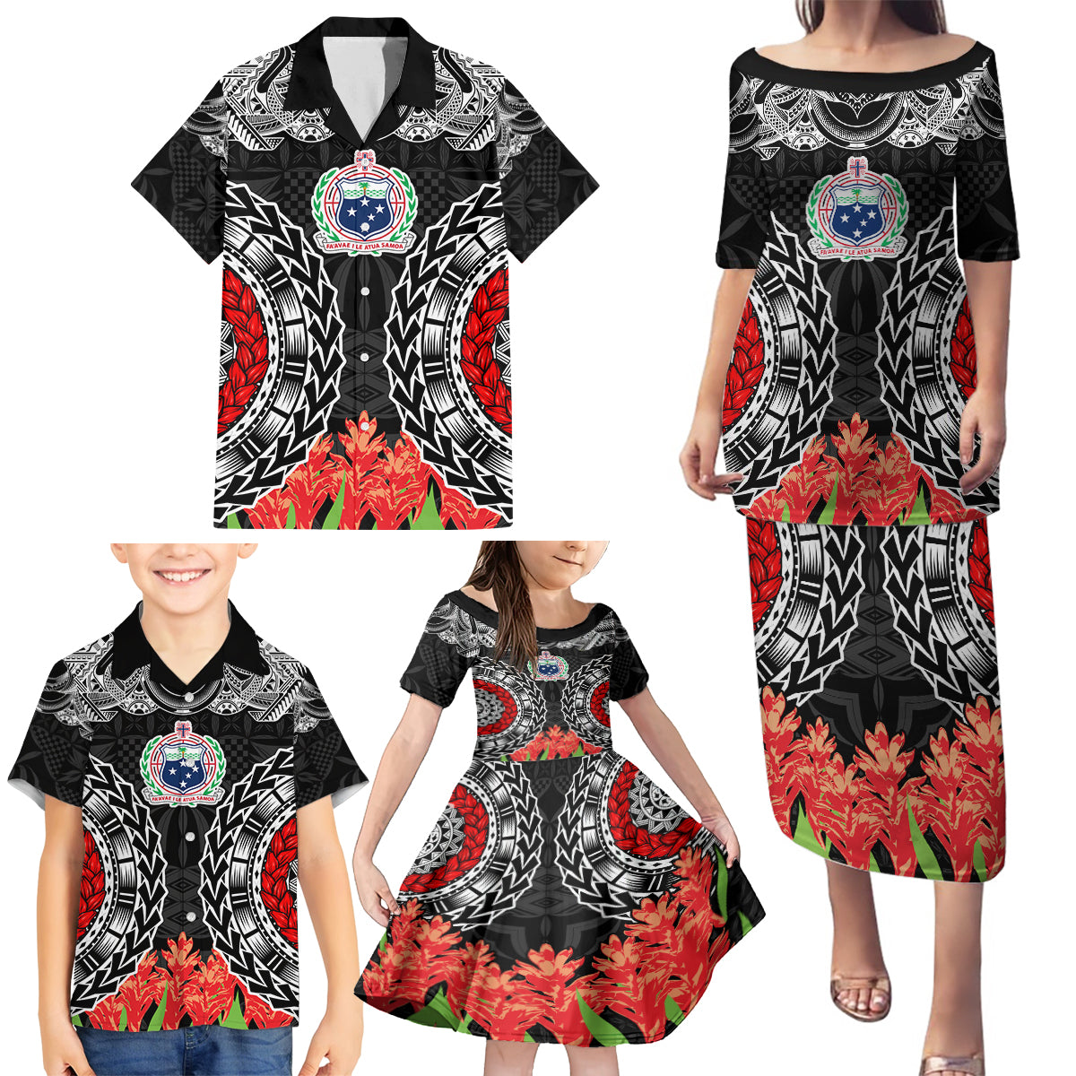 Samoa Siapo Ula Fala Family Matching Puletasi and Hawaiian Shirt With Ginger Plant Black Color LT03 - Polynesian Pride