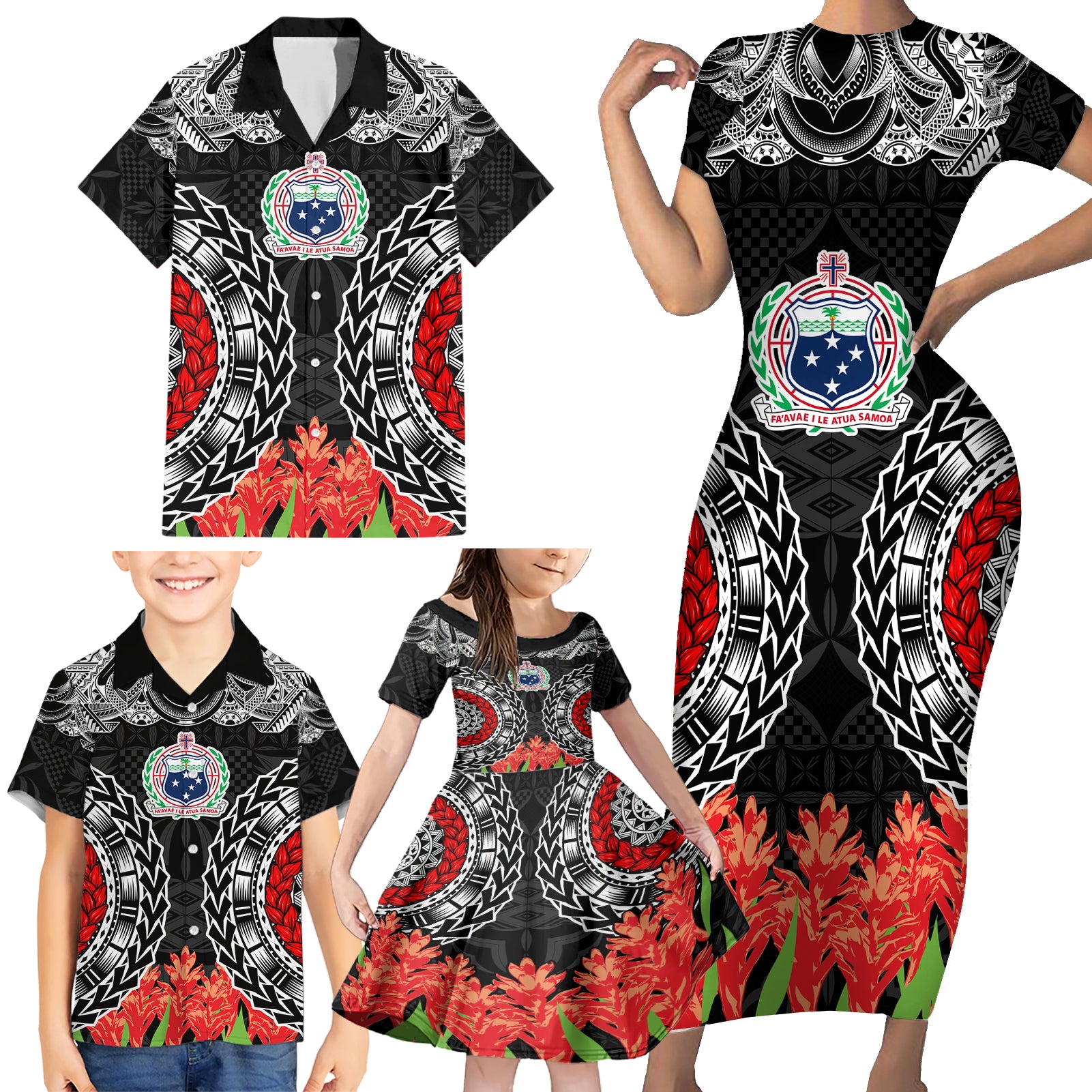 Samoa Siapo Ula Fala Family Matching Short Sleeve Bodycon Dress and Hawaiian Shirt With Ginger Plant Black Color LT03 - Polynesian Pride