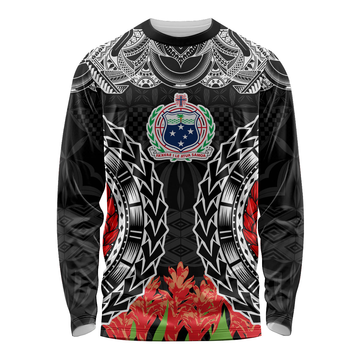 Samoa Siapo Ula Fala Long Sleeve Shirt With Ginger Plant Black Color LT03 Unisex Black - Polynesian Pride