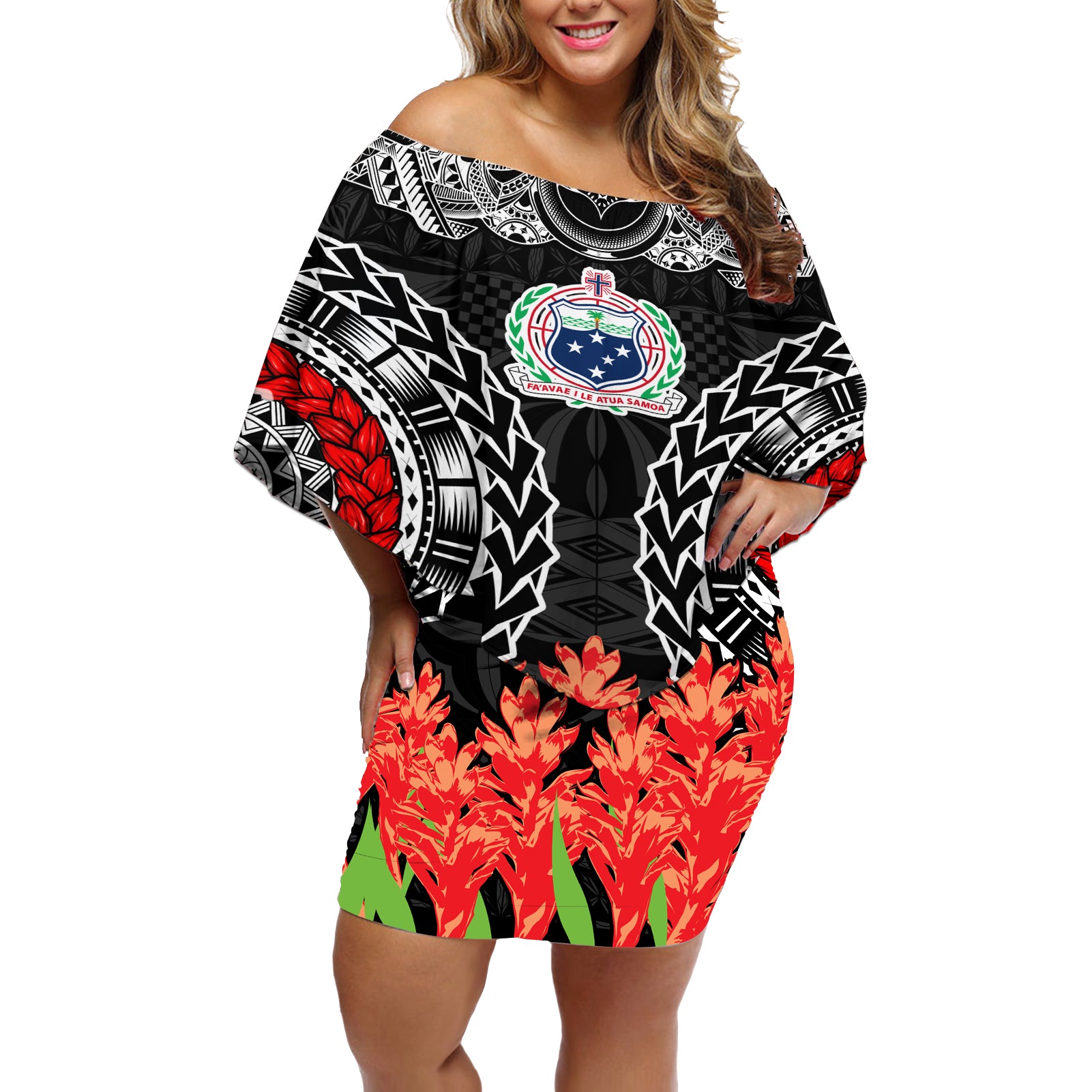 Samoa Siapo Ula Fala Off Shoulder Short Dress With Ginger Plant Black Color LT03 Women Black - Polynesian Pride