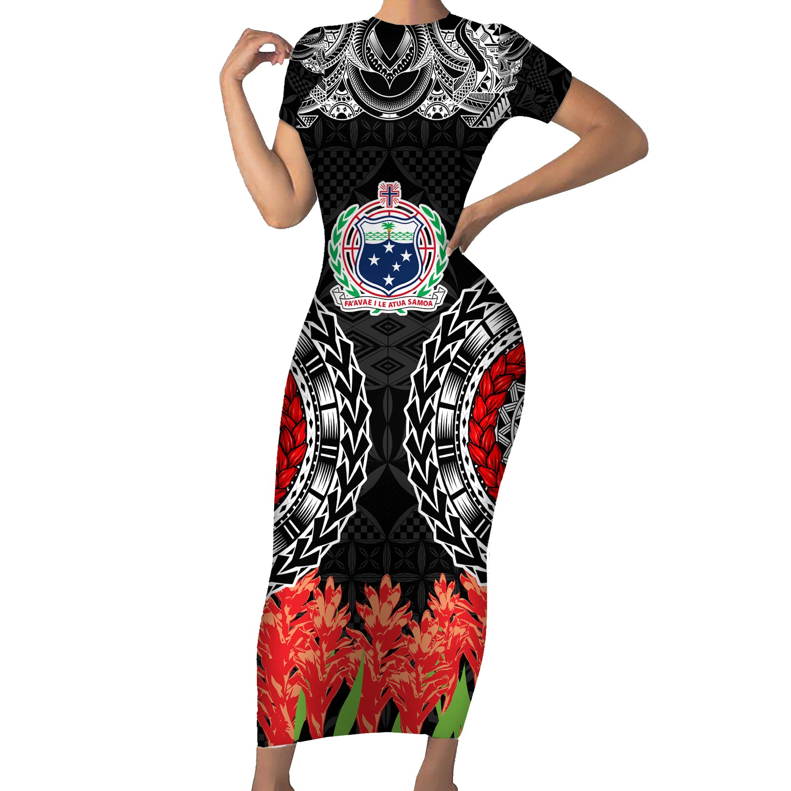 Samoa Siapo Ula Fala Short Sleeve Bodycon Dress With Ginger Plant Black Color LT03 Long Dress Black - Polynesian Pride