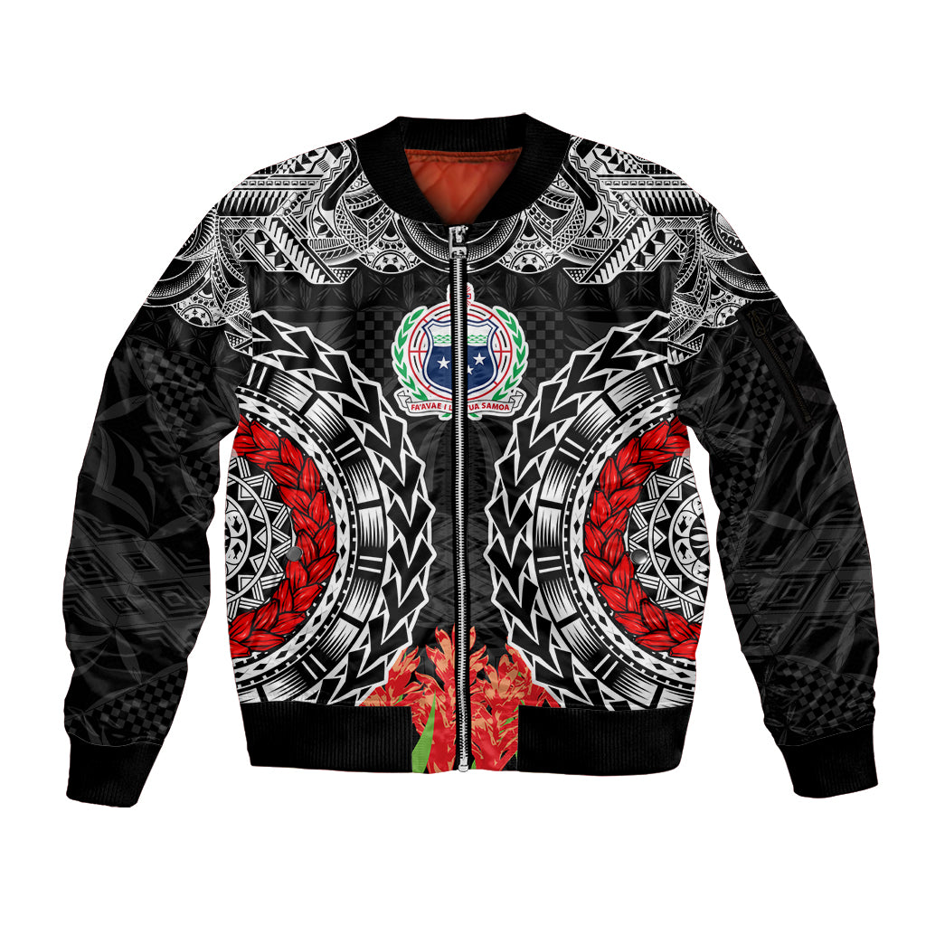 Samoa Siapo Ula Fala Sleeve Zip Bomber Jacket With Ginger Plant Black Color LT03 Unisex Black - Polynesian Pride