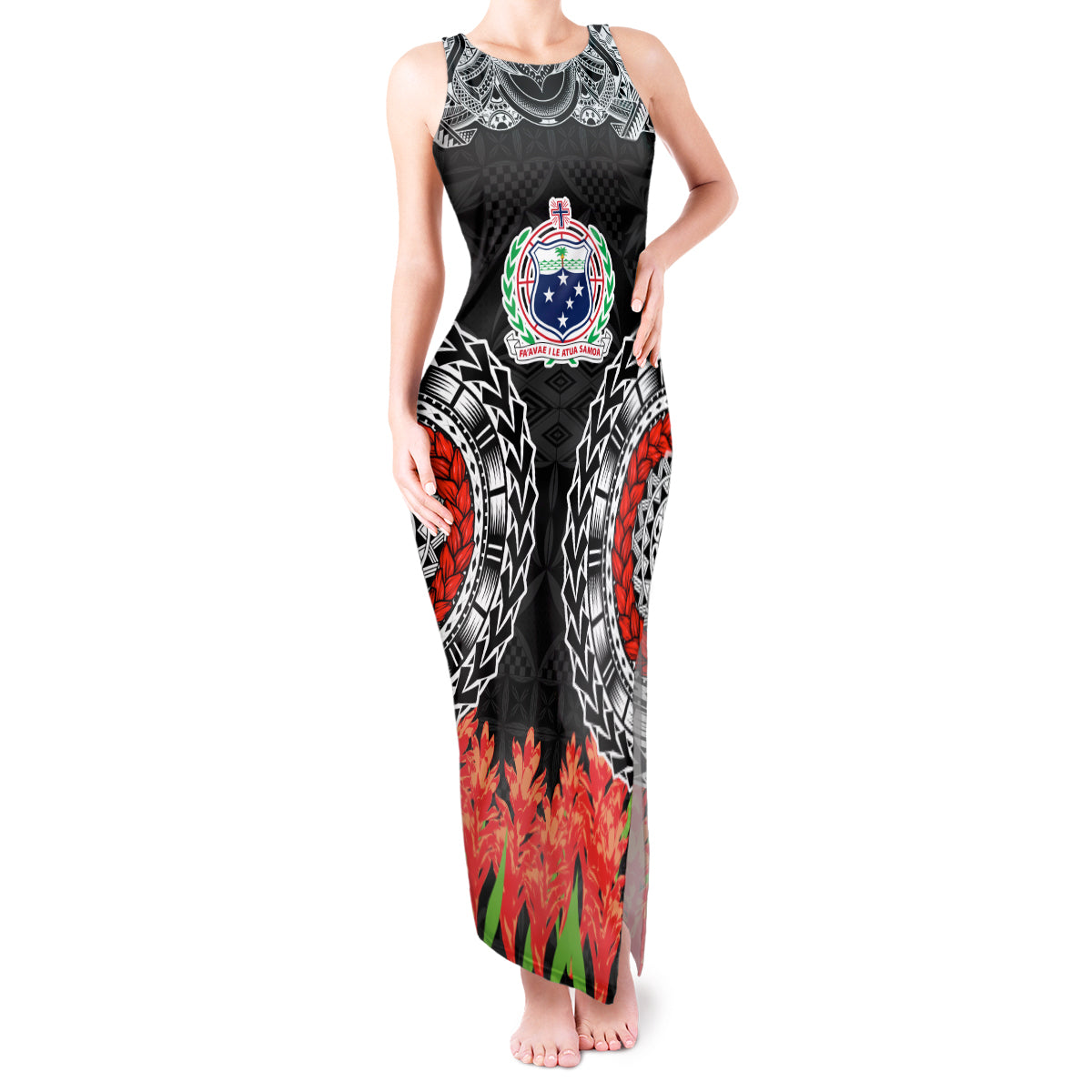 Samoa Siapo Ula Fala Tank Maxi Dress With Ginger Plant Black Color LT03 Women Black - Polynesian Pride