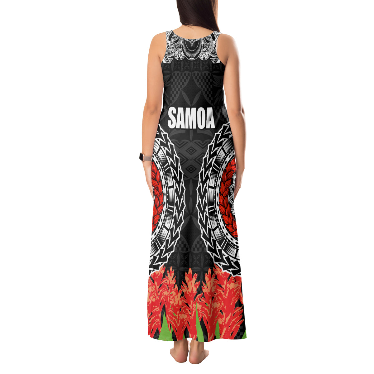 Samoa Siapo Ula Fala Tank Maxi Dress With Ginger Plant Black Color LT03 - Polynesian Pride