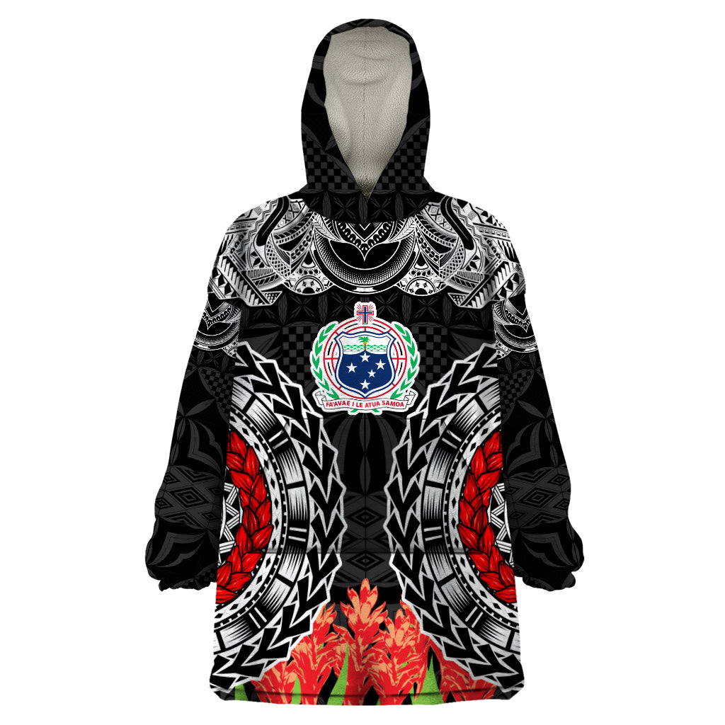 Samoa Siapo Ula Fala Wearable Blanket Hoodie With Ginger Plant Black Color LT03 One Size Black - Polynesian Pride