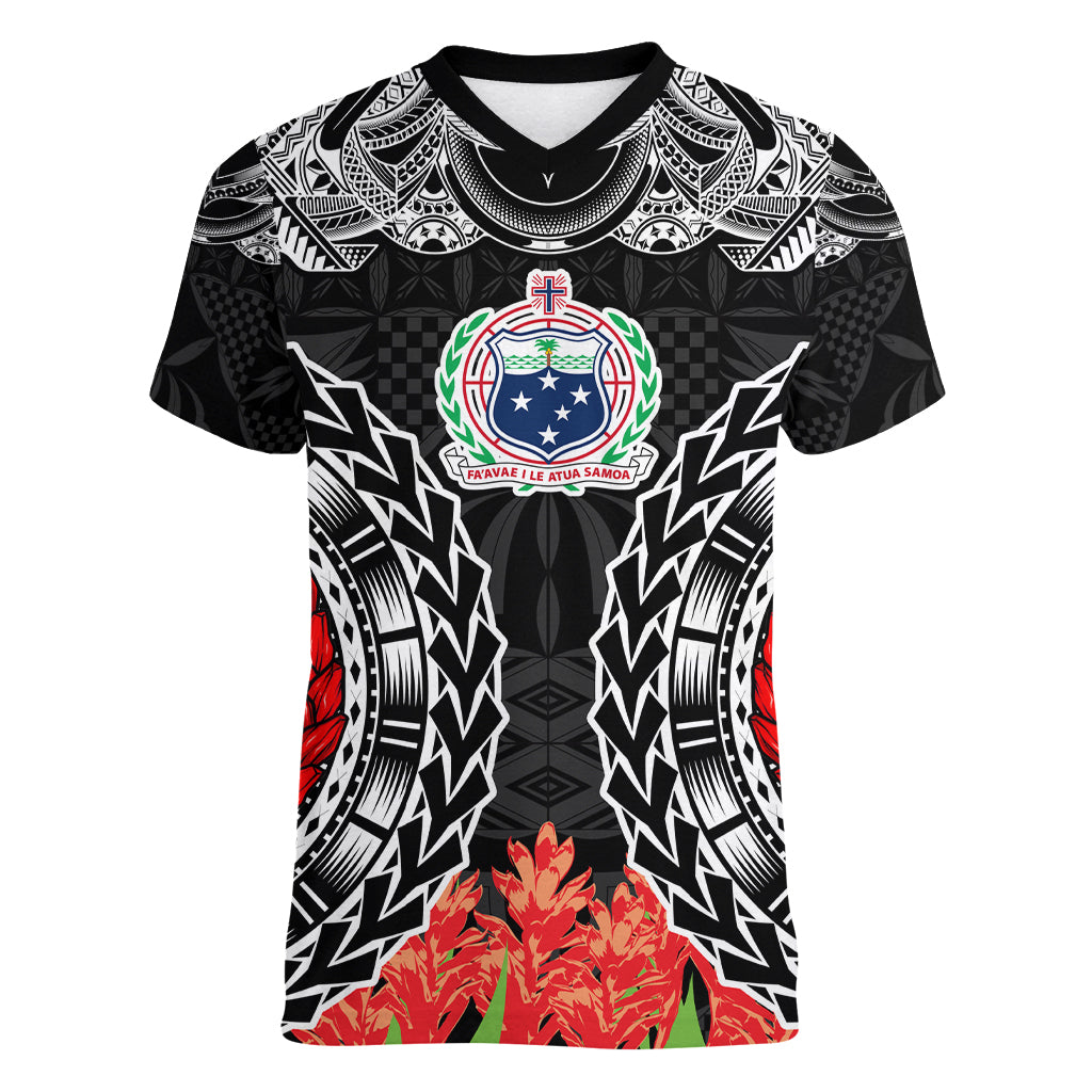 Samoa Siapo Ula Fala Women V Neck T Shirt With Ginger Plant Black Color LT03 Female Black - Polynesian Pride