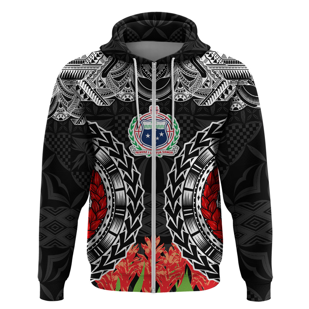 Samoa Siapo Ula Fala Zip Hoodie With Ginger Plant Black Color LT03 Zip Hoodie Black - Polynesian Pride