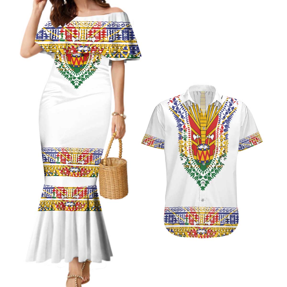 Haiti Flag Traditional Dashiki Couples Matching Mermaid Dress and Hawaiian Shirt White Color LT03 White - Polynesian Pride