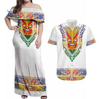 Haiti Flag Traditional Dashiki Couples Matching Off Shoulder Maxi Dress and Hawaiian Shirt White Color LT03 White - Polynesian Pride