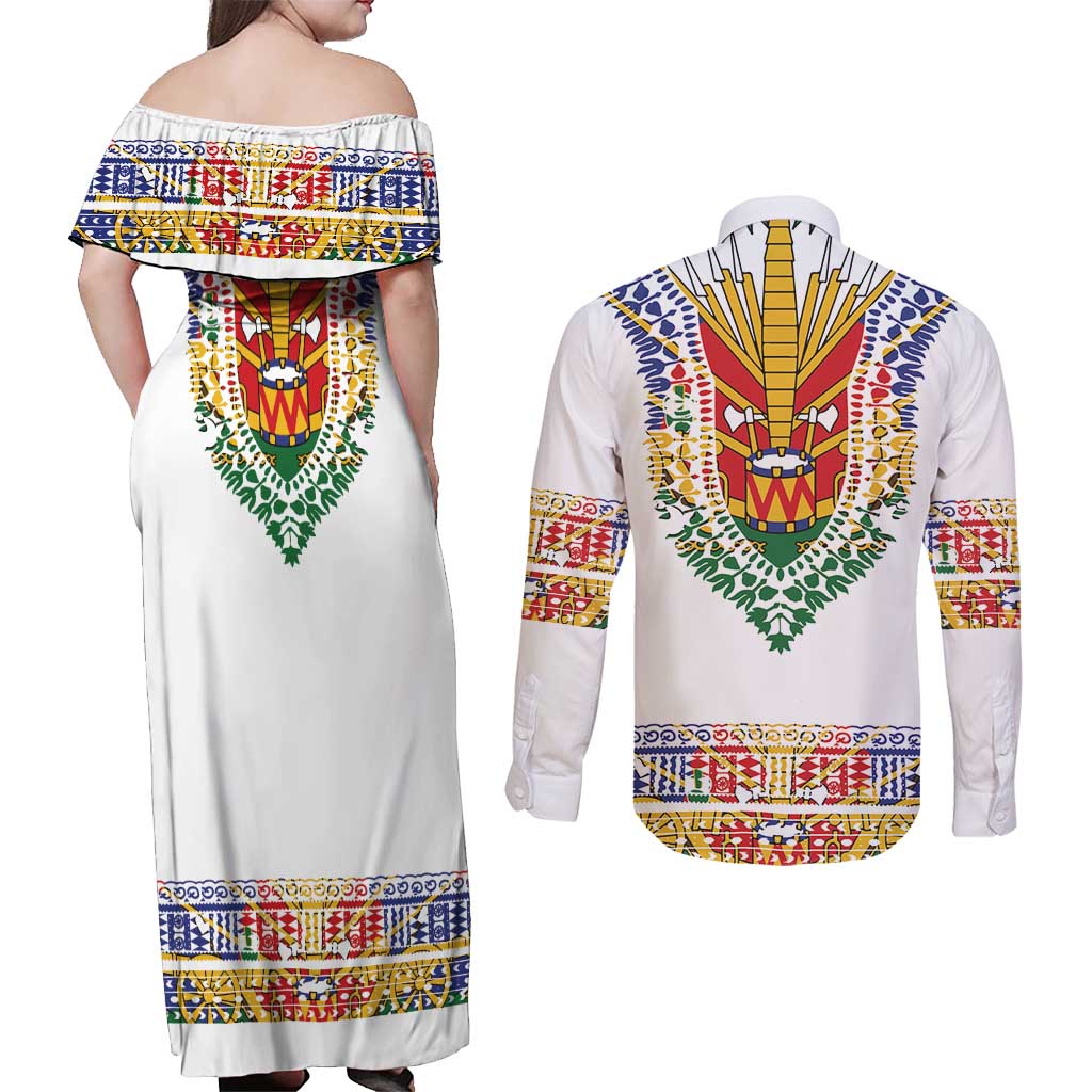 Haiti Flag Traditional Dashiki Couples Matching Off Shoulder Maxi Dress and Long Sleeve Button Shirt White Color LT03 - Polynesian Pride