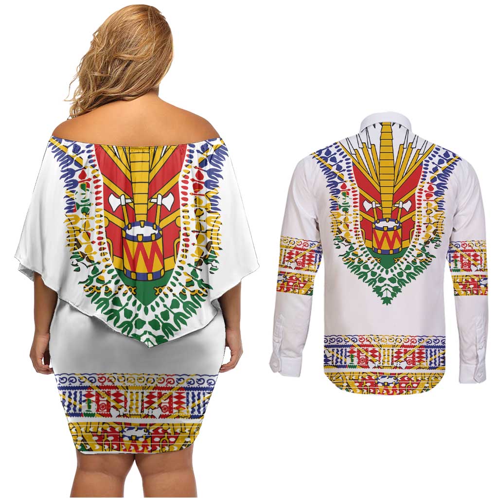 Haiti Flag Traditional Dashiki Couples Matching Off Shoulder Short Dress and Long Sleeve Button Shirt White Color LT03 - Polynesian Pride