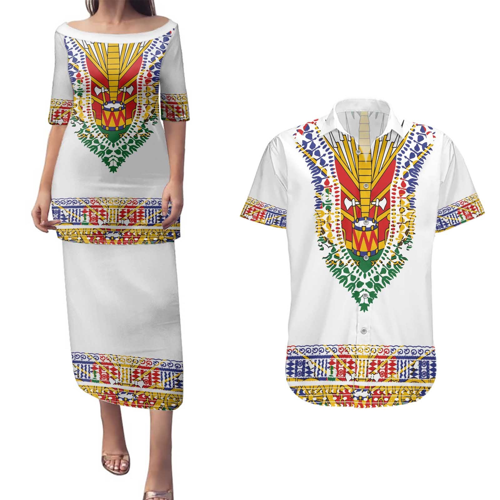 Haiti Flag Traditional Dashiki Couples Matching Puletasi and Hawaiian Shirt White Color LT03 White - Polynesian Pride