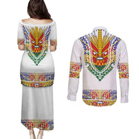 Haiti Flag Traditional Dashiki Couples Matching Puletasi and Long Sleeve Button Shirt White Color LT03 - Polynesian Pride