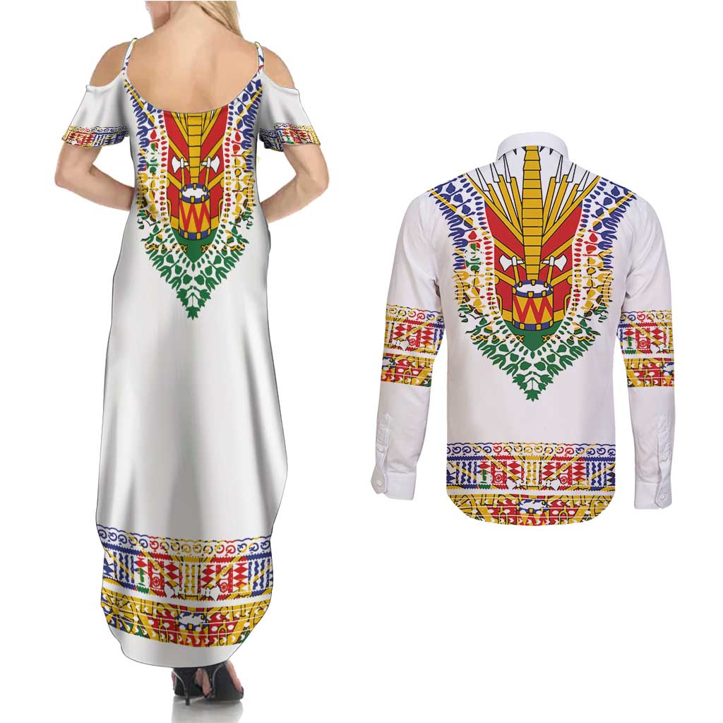 Haiti Flag Traditional Dashiki Couples Matching Summer Maxi Dress and Long Sleeve Button Shirt White Color LT03 - Polynesian Pride