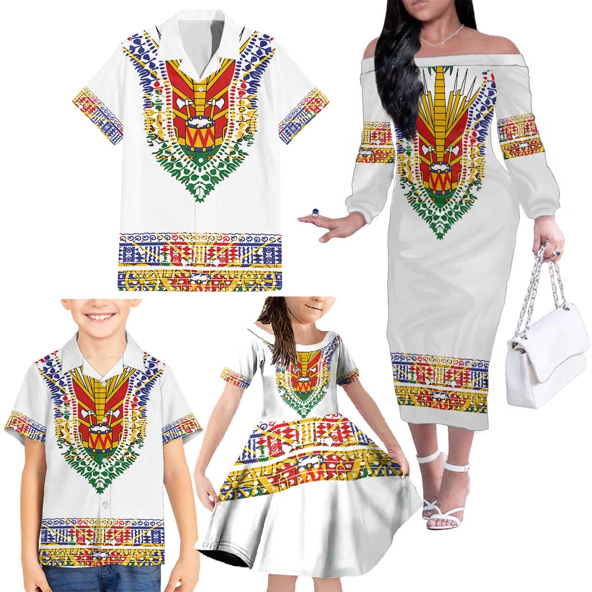 Haiti Flag Traditional Dashiki Family Matching Off The Shoulder Long Sleeve Dress and Hawaiian Shirt White Color LT03 - Polynesian Pride