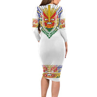 Haiti Flag Traditional Dashiki Long Sleeve Bodycon Dress White Color - Polynesian Pride