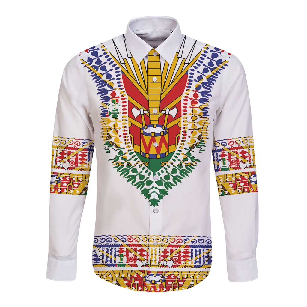 Haiti Flag Traditional Dashiki Long Sleeve Button Shirt White Color LT03 Unisex White - Polynesian Pride
