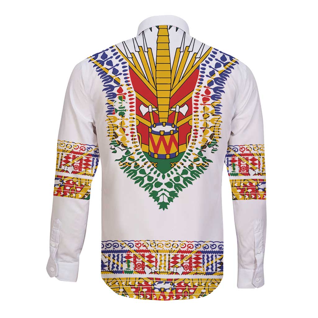 Haiti Flag Traditional Dashiki Long Sleeve Button Shirt White Color LT03 - Polynesian Pride