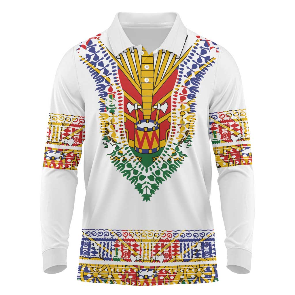 Haiti Flag Traditional Dashiki Long Sleeve Polo Shirt White Color - Polynesian Pride