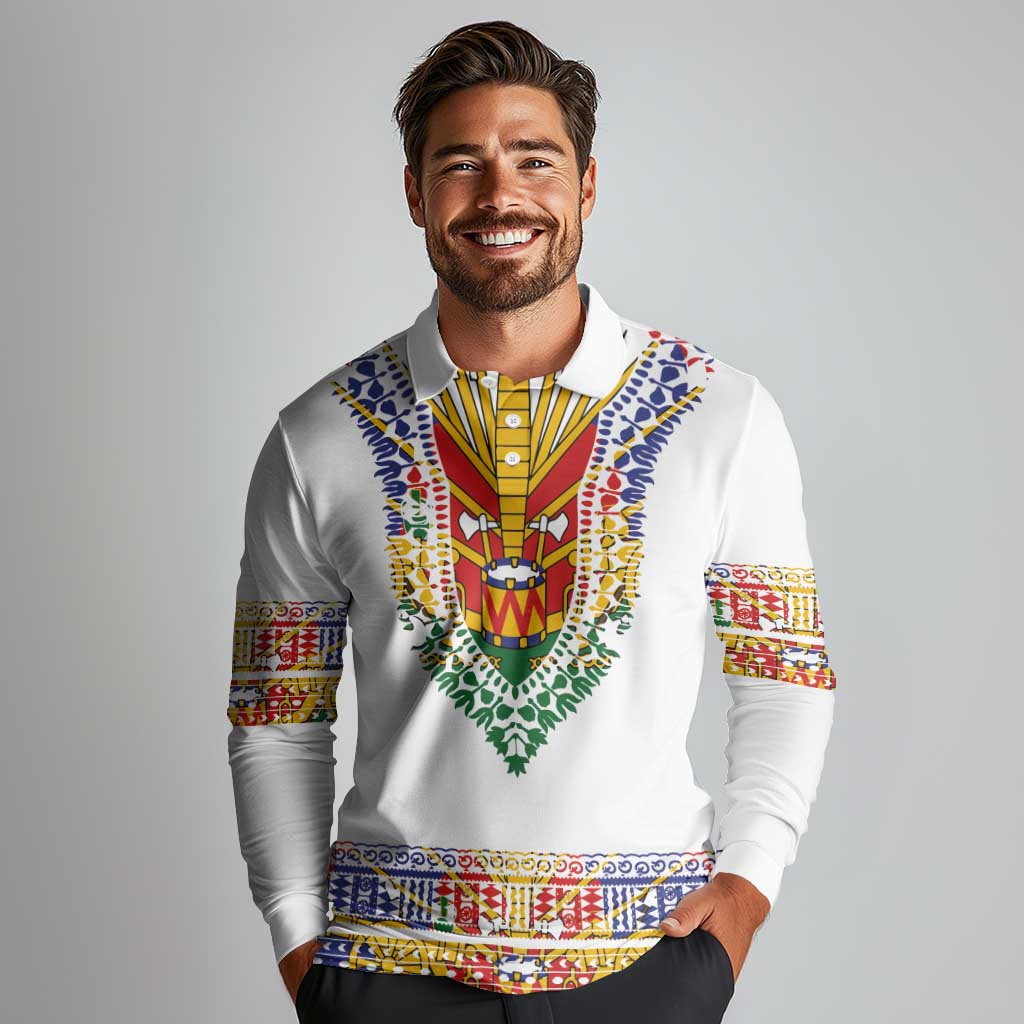 Haiti Flag Traditional Dashiki Long Sleeve Polo Shirt White Color - Polynesian Pride