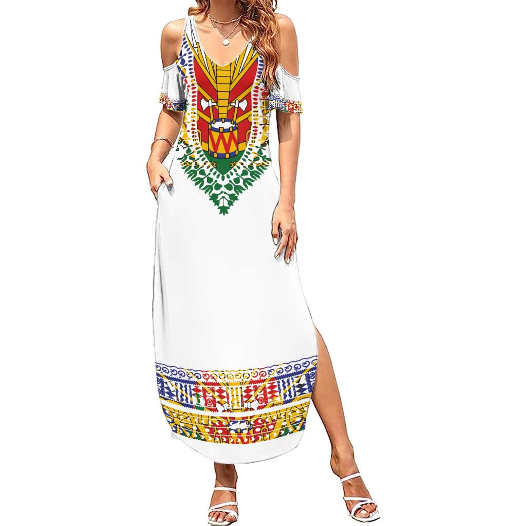 Haiti Flag Traditional Dashiki Summer Maxi Dress White Color - Polynesian Pride