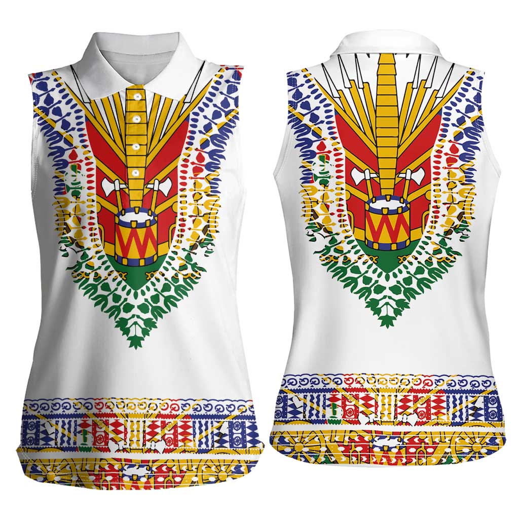 Haiti Flag Traditional Dashiki Women Sleeveless Polo Shirt White Color - Polynesian Pride