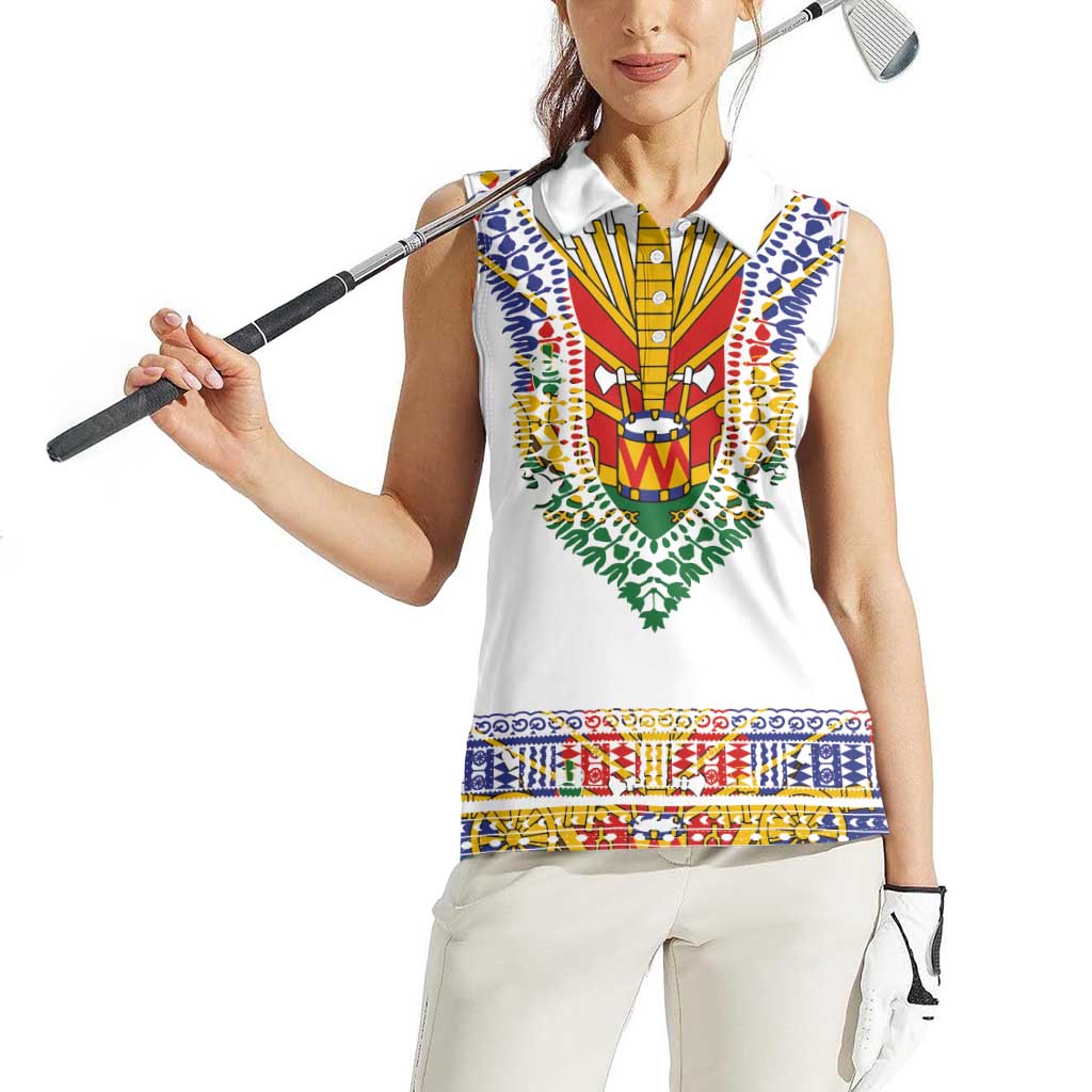 Haiti Flag Traditional Dashiki Women Sleeveless Polo Shirt White Color - Polynesian Pride