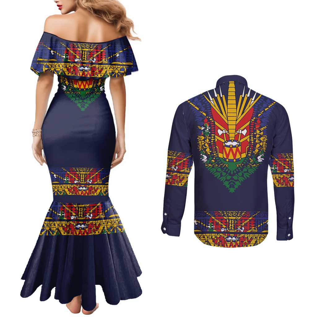 Haiti Flag Traditional Dashiki Couples Matching Mermaid Dress and Long Sleeve Button Shirt Black Color LT03 - Polynesian Pride