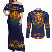 Haiti Flag Traditional Dashiki Couples Matching Off Shoulder Maxi Dress and Long Sleeve Button Shirt Black Color LT03 Black - Polynesian Pride